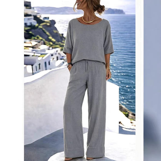 Cotton-Linen Minimalist Elegant Resort Short-Sleeve Pants Set