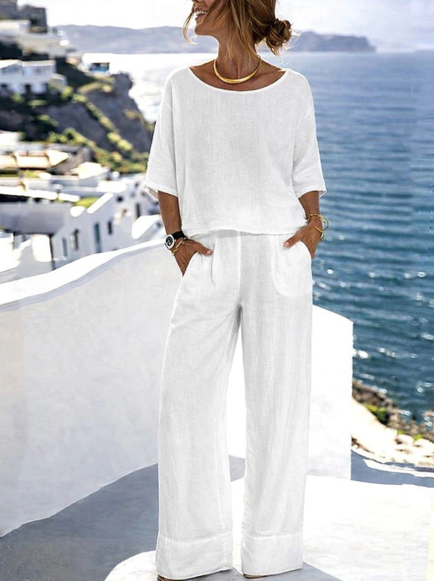 Cotton-Linen Minimalist Elegant Resort Short-Sleeve Pants Set