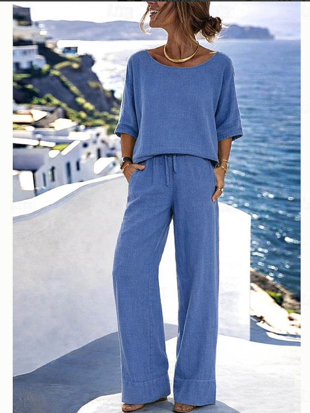 Cotton-Linen Minimalist Elegant Resort Short-Sleeve Pants Set