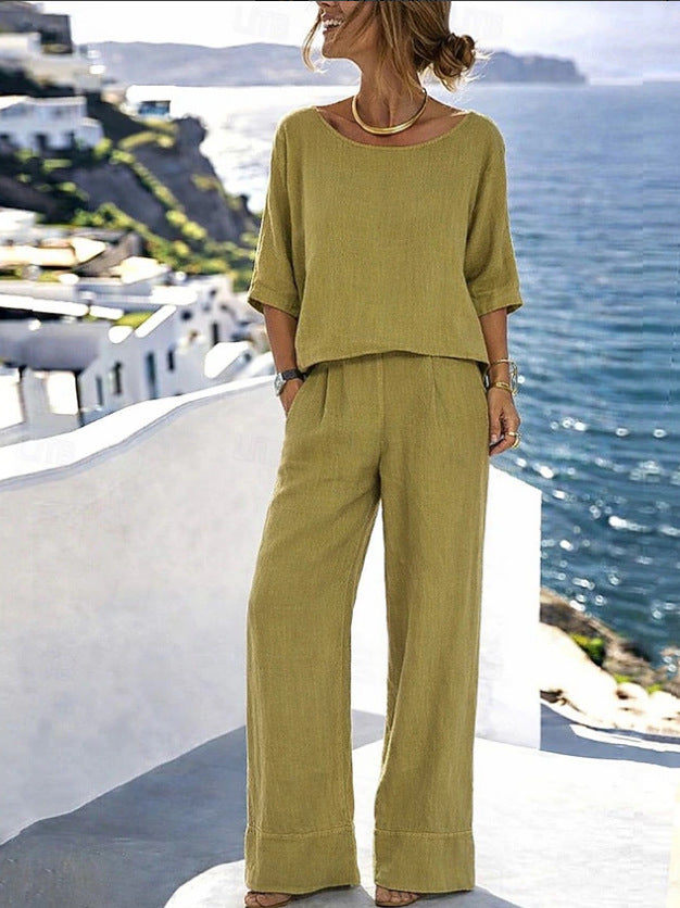Cotton-Linen Minimalist Elegant Resort Short-Sleeve Pants Set
