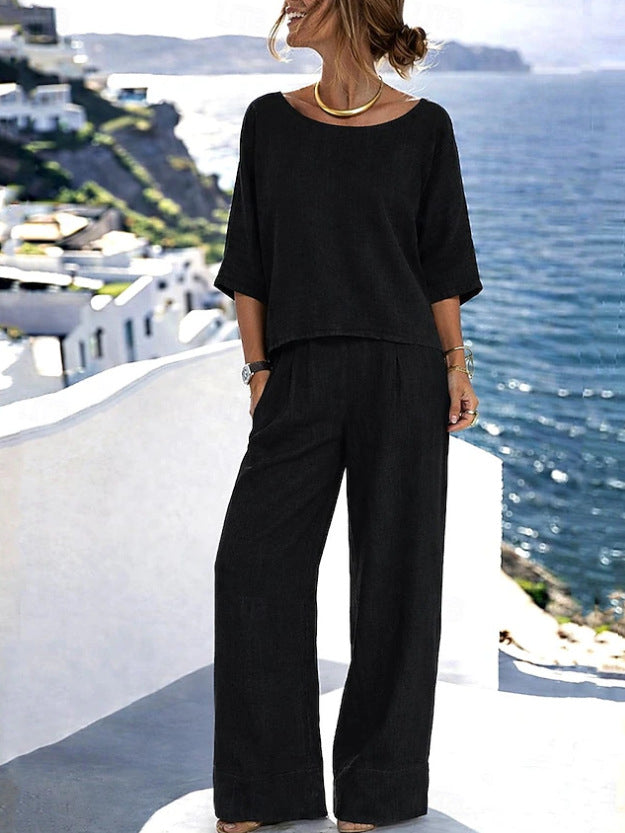 Cotton-Linen Minimalist Elegant Resort Short-Sleeve Pants Set