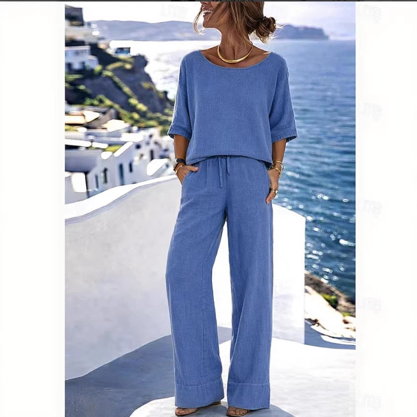 Cotton-Linen Minimalist Elegant Resort Short-Sleeve Pants Set